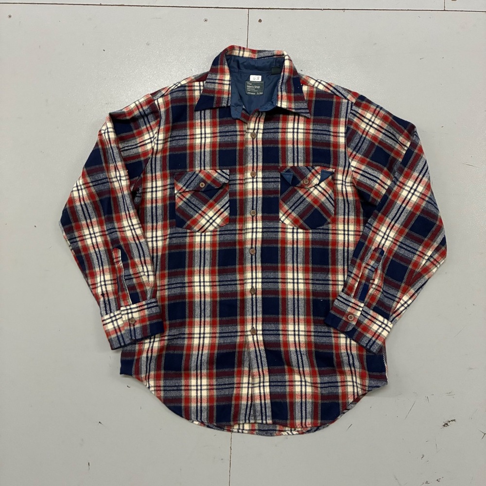 Vintage JCPenney The Mens Shop Plaid Flannel Shirt Red Navy Blue Large Tall
